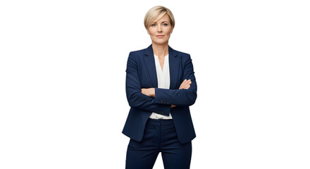A confident, authoritative female business leader with a clear vision, embodying corporate success and strong leadership on isolated transparent background.