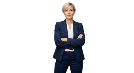 A confident, authoritative female business leader with a clear vision, embodying corporate success and strong leadership on isolated transparent background.