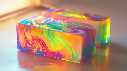Fototapeta premium 3D render of iridescent resin block showcasing vibrant, swirling color patterns.