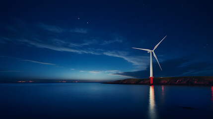 Single Wind Turbine by the Sea Under a Twilight Night Sky, Wind Farm, Green energy 