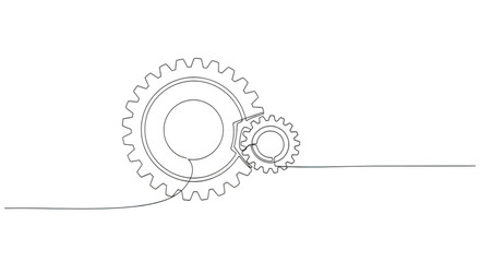 A continuous line drawing illustrates two interlocking gears representing teamwork and collaboration isolated on transparent background