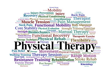Physical Therapy Word Cloud. Key Terms in Rehabilitation, Pain Relief, and Functional Recovery
