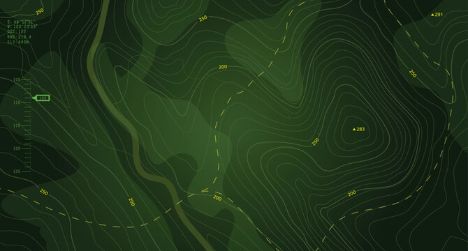 Military-style topographic map with contour lines, elevation data, and coordinates. Ideal for war strategy visuals, navigation design, and tactical planning interfaces. Battlefield top view green UI.