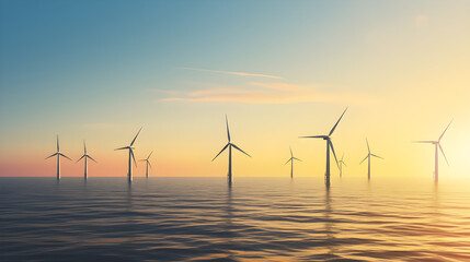Offshore Wind Turbines at Sunset Over Calm Sea During Golden Hour