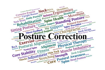 Posture Correction Word Cloud. Key Terms in Body Alignment, Therapy, and Core Strength