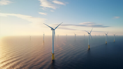 Offshore Wind Turbines at Sunset Over Calm Sea During Golden Hour