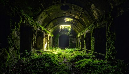 Fototapeta premium Sunlit moss-covered interior of a decaying arched structure