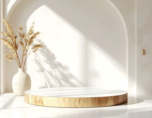 Minimalist Interior Background with White Arched Wall and Wooden Pedestal