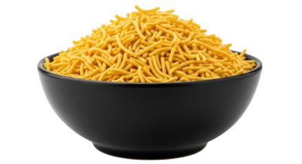 A bowl full of delicious and crunchy sev, a popular indian snack made from gram flour isolated on transparent background