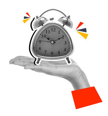 Beautiful woman hand holding classic alarm clock isolated on white background