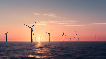 Offshore Wind Farm at Sunset with Pink Sky and Calm Sea During Golden Hour, Offshore windfarm during sunset, offshore wind farm with horizon