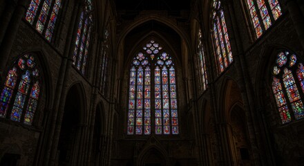 Spectacular gothic architecture interior with colorful stained glass windows displayed at temple