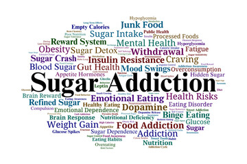 Sugar Addiction Word Cloud. Key Concepts in Cravings, Withdrawal, and Health Implications