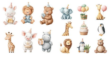Big Birthday animals set. Vector collection of watercolor illustrations. Vector clip art elements, ready to print. Perfect for banners, decoration, patterns, stickers, invitation, card