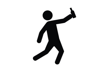 A black silhouette of a person holding a bottle and appearing to dance or celebrate isolated on white background silhouette