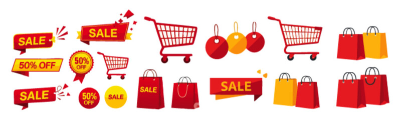 Collection of sale banners, shopping carts, Christmas ornaments, and shopping bags in red and yellow colors.