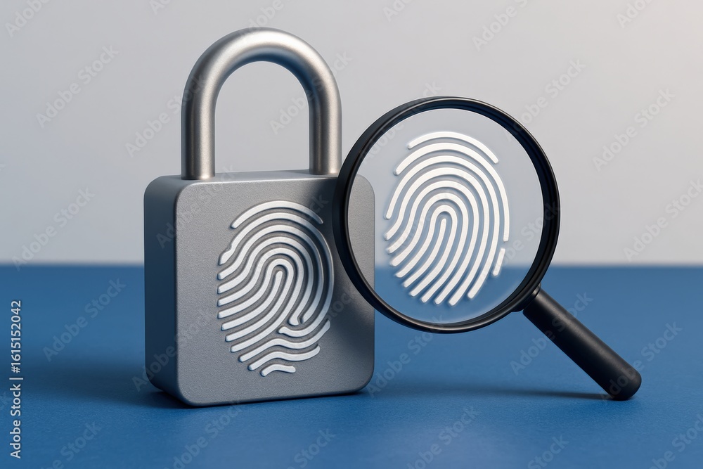 Poster sleek padlock displaying fingerprint recognition technology meets magnifying glass, symbolizing enha