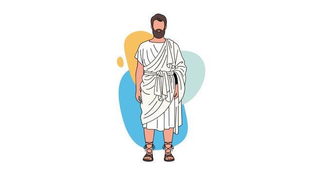 Illustration of ancient greek citizen wearing toga standing on white background with colorful abstract shapes
