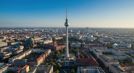 Obraz premium Sweeping panorama of Berlin's cityscape under a serene blue sky highlighting urban grandeur