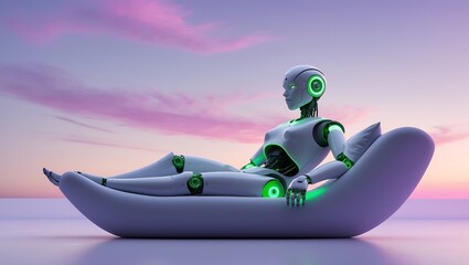 Futuristic robot relaxing in a modern lounge chair with a vibrant sunset sky background