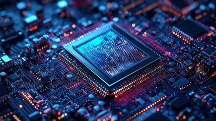 Detailed Close-up of a Modern Microchip on a Circuit Board