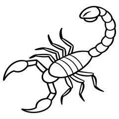 A black and white outline of a scorpion with its tail raised