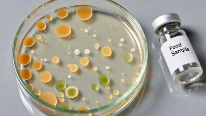 Petri Dish with Microbial Growth and Food Sample Vial on Gray Background for Scientific Research