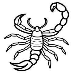 A simple black and white illustration of a scorpion