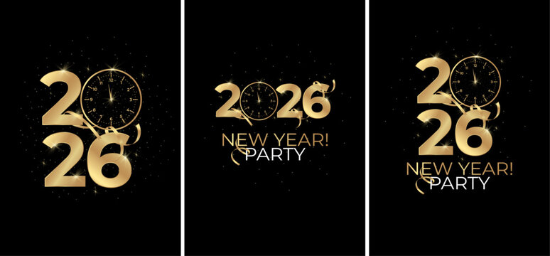 2026 New Year's Eve event design template. Golden 2026 numbers and countdown clock. Elegant and modern style. Vector illustration.