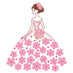 Fototapeta premium Vector art of a bride in a pink floral dress holding a bouquet of flowers