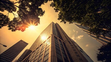 Urban Cityscape with Modern Skyscrapers and Sunlight Filtering Through Trees Above