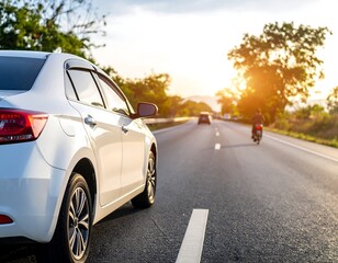 Fototapeta premium White car on a highway at sunset