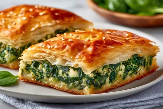 Delicious homemade spanakopita showing flaky layers and spinach filling - Powered by Adobe