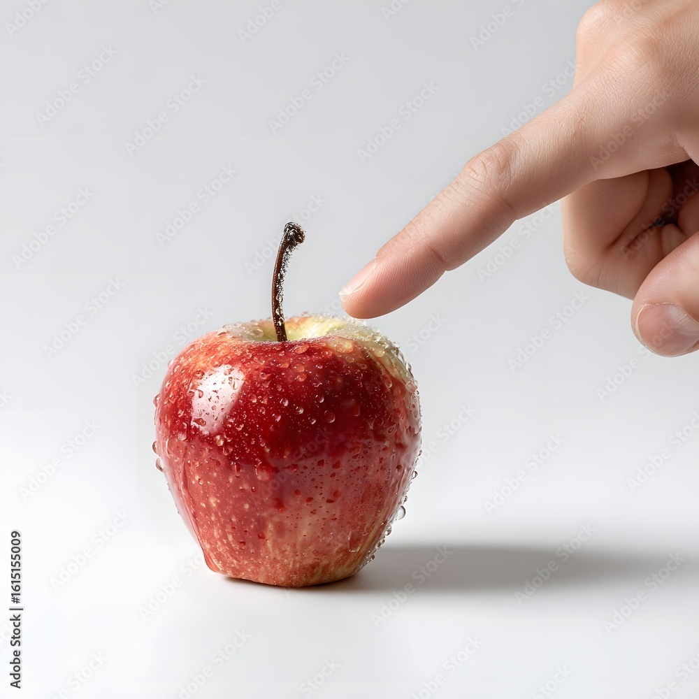 Poster close-up of a hand gently touching a shiny red apple with droplets of water on a plain background
