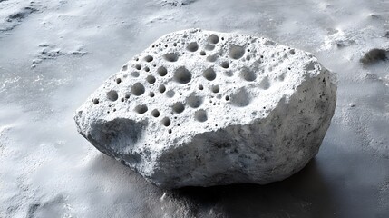 3D render depicts a porous, gray rock resting on a textured, sandy surface.