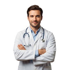 Fototapeta premium Reassuring Male Doctor in Lab Coat with Stethoscope, Perfect for Healthcare, Medical, and Wellness Industry Communications.