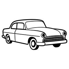 A black and white outline of a vintage fourdoor car isolated on white