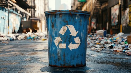 Urban Environment with Recycle Bin Surrounded by Trash and Debris