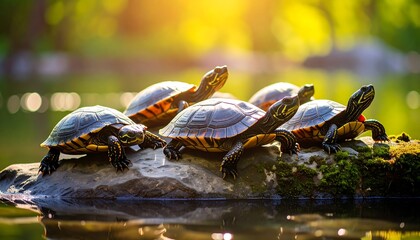 Turtles resting on a rock in a pond