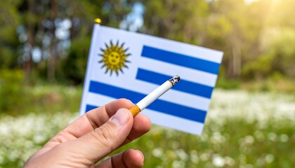 Hand holding cigarette near flag in nature