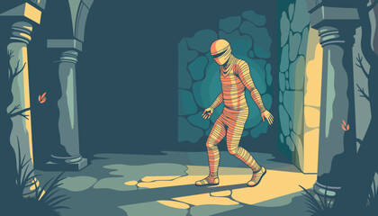 Mummy walking through ancient ruins with soft lighting and shadows  at Halloween