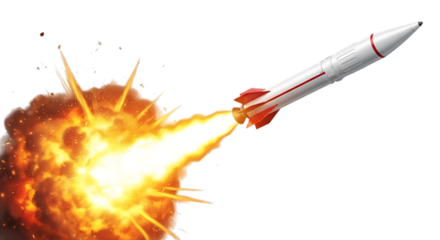 Rocket launching with fiery explosion isolated on transparent background
