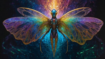 Illustration of extraterrestrial insect-like alien species mesmerizing in the sky with surreal anatomy and glowing features in a cosmic atmosphere of mystery and fascination