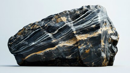 3D render of a polished black marble rock with golden veining on a white background.