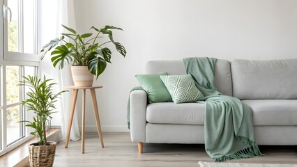 Cozy Living Room Interior with Comfortable Sofa, Green Accents, and Indoor Plants