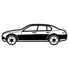 A black silhouette of a sedan car isolated on a white background