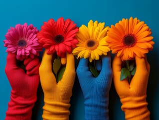 five to seven hands that are wearing colorful gloves, each hands are different posing and holding flowers,