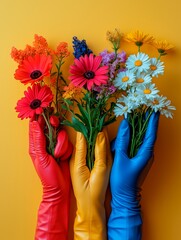 five to seven hands that are wearing colorful gloves, each hands are different posing and holding flowers,