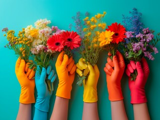 five to seven hands that are wearing colorful gloves, each hands are different posing and holding flowers,