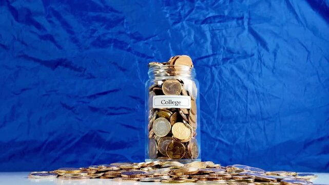 Glass jar labeled College filled with euro coins, surrounded by scattered currency, symbolizing financial planning and saving for higher education costs on blue background